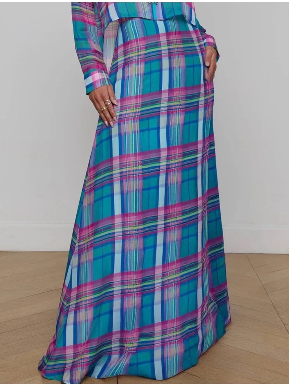 NWT L’Agence Patricia Plaid Maxi Skirt Teal Pink Sz 2
